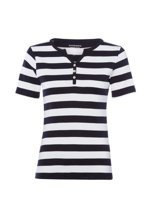 Schwarz-weiß gestreiftes kurzärmliges Hemd mit Henley-Ausschnitt und drei Knöpfen in der vorderen Mitte.