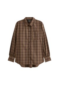 Brown plaid button-up shirt with long sleeves, a chest pocket, and a relaxed fit. Features a classic collar and subtle texture in the fabric.