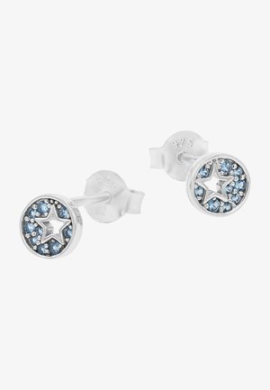 Orecchini a bottone in argento con ritagli a forma di stella, circondati da piccole pietre preziose blu, contrassegnati 925 per argento sterling.