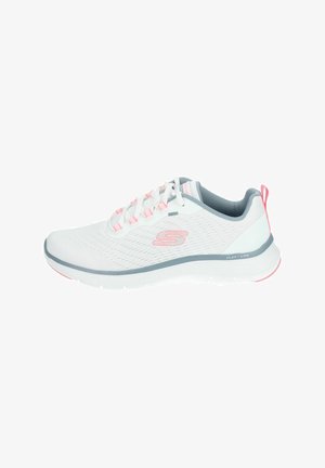 White athletic shoe with a mesh upper, grey accents, pink laces, and a textured sole. Features a pull tab at the back for easy wear.