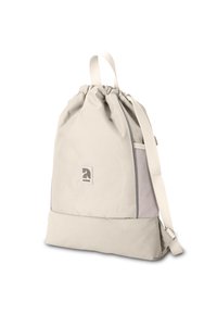 Zaino con coulisse beige, con una parte superiore testurizzata, fondo liscio e tasca laterale in rete. Presenta un logo e una tracolla regolabile.