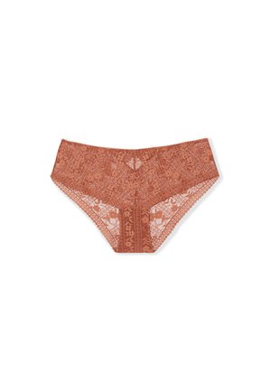 Sous-vêtements féminins en dentelle couleur rouille avec motifs floraux et bords festonnés, conçus dans un style hipster.