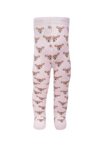 Hellrosa Strumpfhosen aus Strick mit einem sich wiederholenden Muster von braunen Tiergesichtern. Weicher Stoff, enganliegendes Design, geeignet für Kinder.