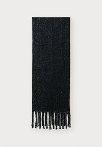 Sciarpa nera con frange realizzata in un tessuto testurizzato con una leggera lucentezza. Forma rettangolare con bordi frangiati irregolari lungo il fondo.