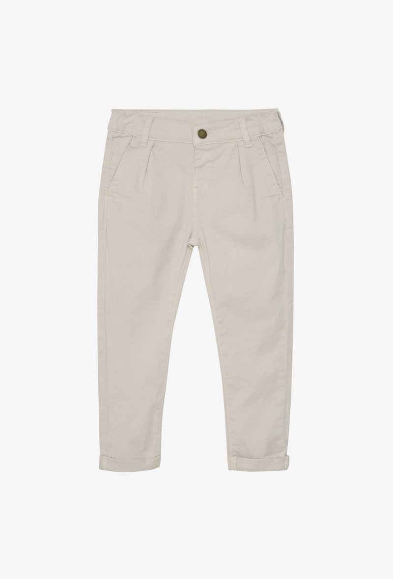 Beige katoenen broek met een recht model, voorzien van plooien aan de voorkant, opgerolde boorden en twee zijzakken. Met metalen knoopsluiting.