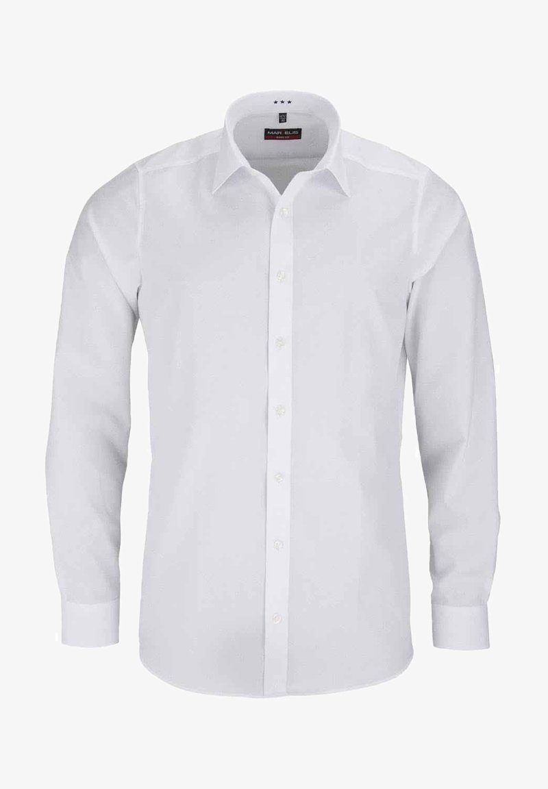Chemise blanche à manches longues en tissu lisse, dotée d'un col classique, d'une fermeture à boutons et de poignets à un bouton.