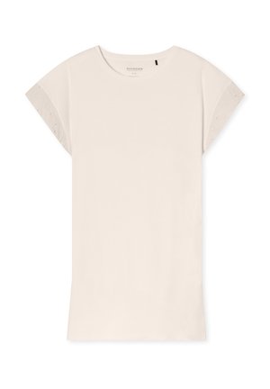 Ljust beige T-shirt med korta, broderade ärmar. Tillverkad av mjukt tyg, med rund halsringning och en avslappnad passform.