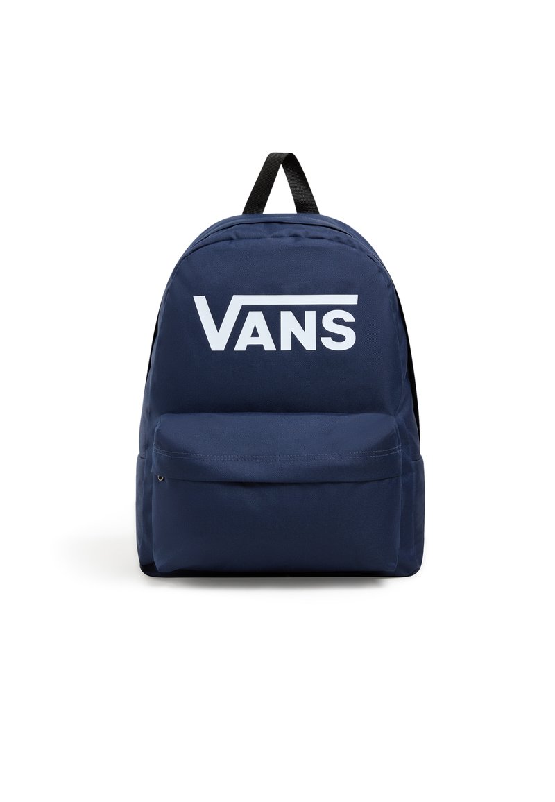 Zaino blu navy in tessuto, con un logo Vans bianco sul fronte, forma arrotondata e una tasca frontale con zip.