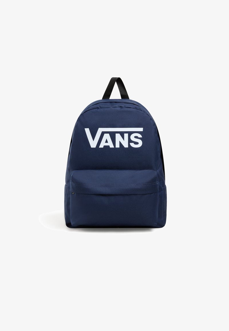 Zaino blu navy in tessuto, con un logo Vans bianco sul fronte, forma arrotondata e una tasca frontale con zip.