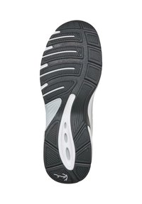 Crno-bijela guma potplata trkaćih cipela s uzorkovanim treads-ima i logotipom blizu pete na bijeloj pozadini.