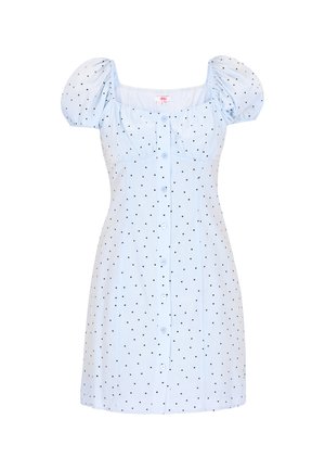 Világoskék rövid ruha fekete pöttyökkel, puffos ujjak, négyzet alakú nyakkivágás, elől gombos záródás szív alakú gombokkal.