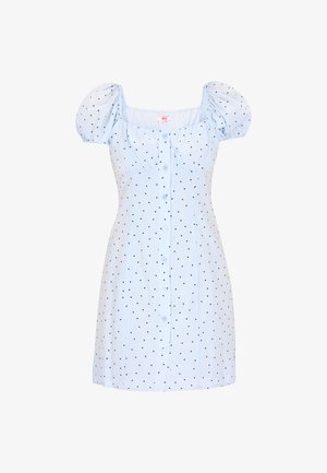 Világoskék rövid ruha fekete pöttyökkel, puffos ujjak, négyzet alakú nyakkivágás, elől gombos záródás szív alakú gombokkal.