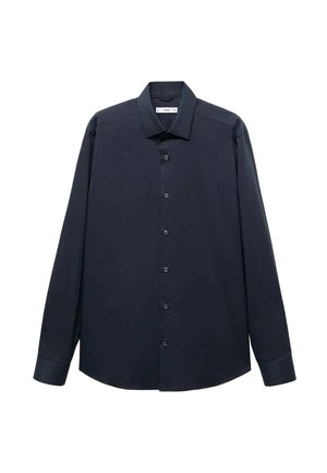 Lange mouwen shirt in donker marineblauw. Gemaakt van zachte stof, met een standaard kraag, knoopsluiting aan de voorkant en knoopmanchetten. Klassiek pasvorm ontwerp.