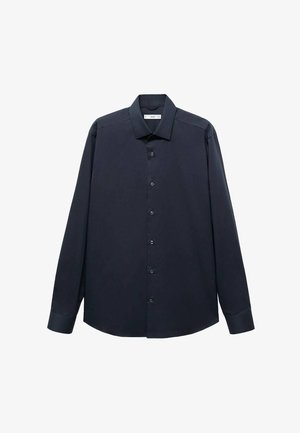 Langærmet skjorte i mørk marineblå. Fremstillet af glat stof, har standard krave, frontknapper og knaplukninger ved manchetterne. Klassisk pasform.