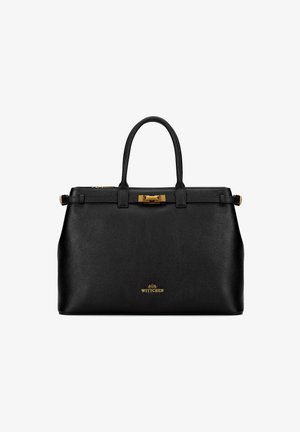 Czarna skórzana torebka z teksturowanym wykończeniem, złotymi akcentami, podwójnymi uchwytami i zapięciem na klamrę. Logo umieszczone na dolnym środku.