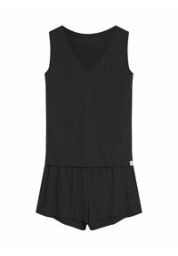 Black sleeveless romper with a V-neckline, ribbed texture, and a flared short bottom. Includes a small label accent on the side.