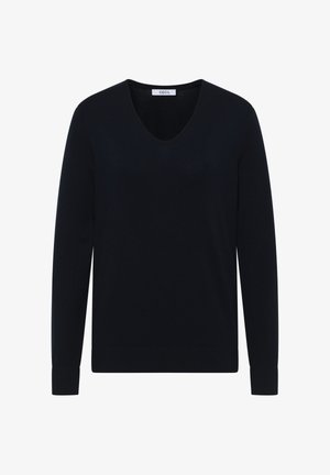 Dunkelblaues V-Ausschnitt-Pullover aus glattem Stoff, mit langen Ärmeln und gerippten Säumen, entworfen für eine taillierte Silhouette.