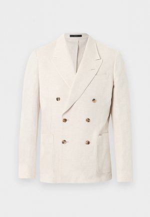Double-breasted off-white blazer with notch lapels, six tortoiseshell buttons, two patch pockets, and one chest welt pocket.