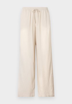 Pantalon beige à coupe ample avec taille élastique et cordon de serrage à l'avant, jambes droites, présenté sur un fond clair uni.