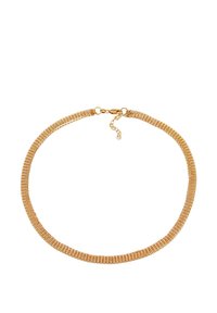 Goldmesch-Choker-Halskette mit einem glatten, flexiblen Design, einem Verschluss und einer verstellbaren Kette zur Größenanpassung.