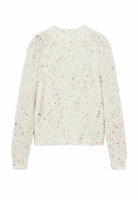 Maglione bianco lavorato a maglia con un motivo testurizzato, caratterizzato da macchie colorate. Polsini e orlo a coste, collo rotondo e maniche raglan.