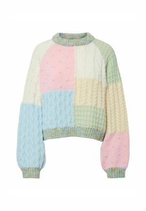 Grobok pleten pulover z oblikovanjem patchwork v pastelnih barvah: modra, roza, zelena, krema. Teksturne vrvi in detajli kroglic. Skrajšana oblikovana.
