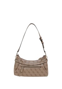 Bolso marrón acolchado con correa de hombro ajustable, compartimento principal con cremallera y bolsillo frontal con patrón de logotipo.