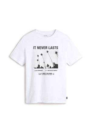 White cotton t-shirt featuring a black graphic print of palm trees with the text "IT NEVER LASTS" and "Vans Lodge & RV Park." Short sleeves.