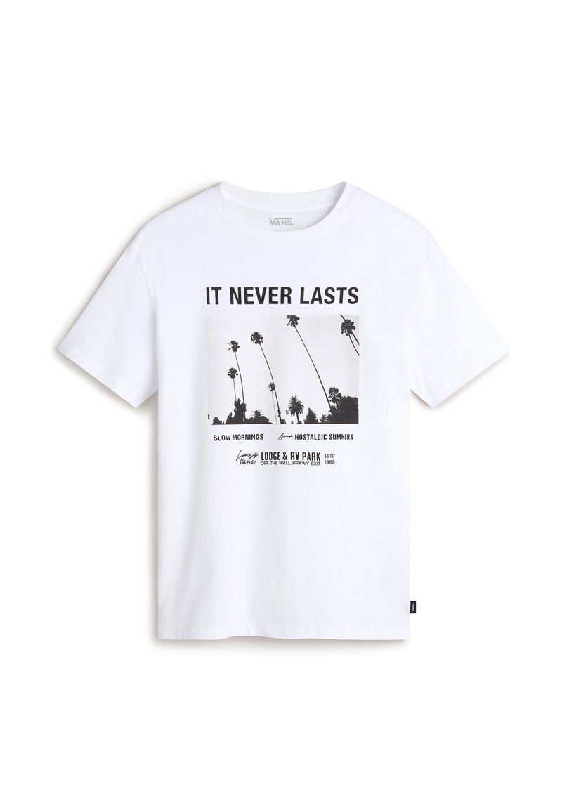 White cotton t-shirt featuring a black graphic print of palm trees with the text "IT NEVER LASTS" and "Vans Lodge & RV Park." Short sleeves.