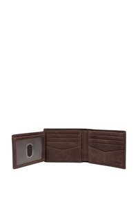 Portefeuille en cuir marron avec plusieurs emplacements pour cartes, une fenêtre transparente pour l'identité, et une texture lisse. Format ouvert affichant les compartiments intérieurs.