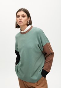 Světle zelený svetr s hnědými a černými rukávy, žebrovaným výstřihem a lemem, vyrobený z měkkého materiálu. Má uvolněný střih a spadlé ramena.