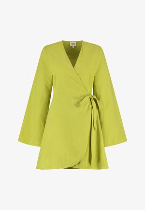 Green wrap top with long, wide sleeves. Made from lightweight fabric, featuring a tie waist and a curved hem. Simple, unembellished design.