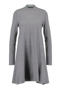 Robe grise à manches longues fabriquée en tissu doux, avec un col rond et une forme évasée qui s'élargit au niveau de l'ourlet. Pas de fermetures visibles.