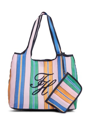 Borsa a mano a righe con strisce verticali verdi, blu, arancioni e rosa, rifiniture nere, monogramma con le iniziali "FM" e pochette abbinate staccabile.