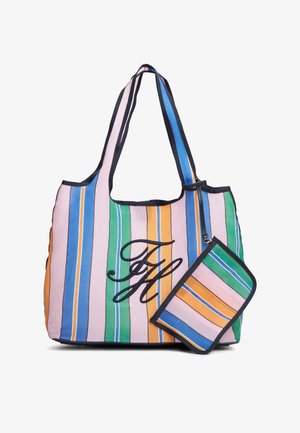 Gestreepte tas met verticale groene, blauwe, oranje en roze strepen, zwarte afwerking, monogram initialen "FM" en bijpassend afneembaar tasje.