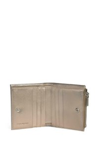 Metallic gold wallet with multiple card slots, smooth texture, snap closure, and zipper compartment for coins or small items.