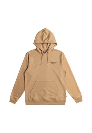 Tan hooded sweatshirt made of soft material, featuring a kangaroo pocket, drawstring, and printed logo detail on the front.