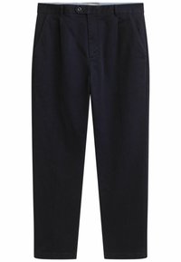 Pantalons bleu marine en coton, à coupe droite, avec poches avant, fermeture à bouton et une texture lisse.