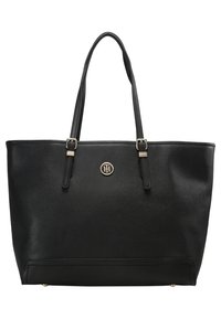 Černá kožená taška na rameno s dvojitými popruhy, zlatými sponami a středovým kulatým kovovým logem.