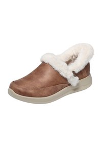 Brune slip-on sko med kunstpels krave og en tekstureret overdel. Har en let ydersål og sømdetaljer langs kanten.