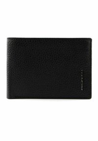 Black leather wallet with textured finish, slim rectangular shape, and subtle silver branding on the front. Minimalist design.
