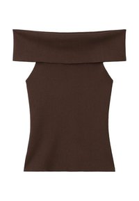 Top marrone off-the-shoulder con una silhouette aderente, texture a costine e scollatura ampia. Presenta spalline scoperto per un design unico.