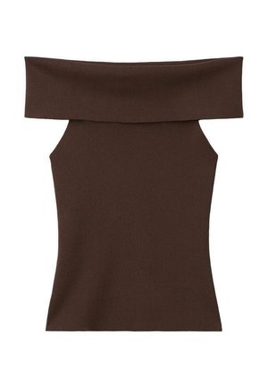 Top maro, fără umeri, cu un croi ajustat, textură în dungi și decolteu larg. Prezintă umeri decupați pentru un design unic.