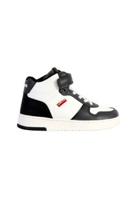 Sneaker alte con una toma in pelle bianca, dettagli grigi, tacco nero, suola in gomma bianca e cinturino in velcro. Presenta il logo Levi's.
