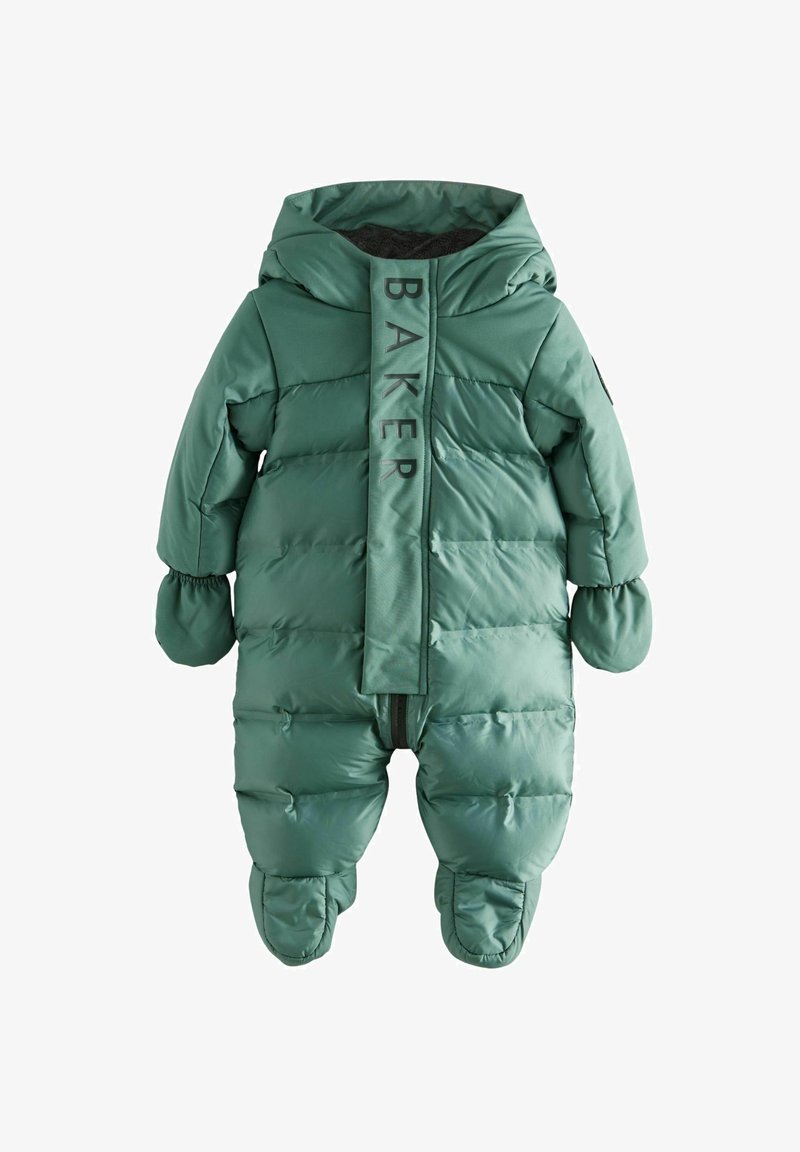 Žalias paminkštintas žiemos kostiumas su gobtuvu, elastinėmis rankovėmis ir priekiniais užtrauktukais. „BAKER“ išspausdintas vertikaliai centro linijoje. Lygus sintetinis medžiaga.