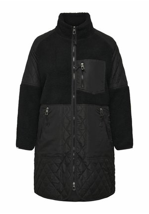 Black jacket featuring a mix of textured fleece and quilted fabric. Full zip closure, high collar, and multiple zippered pockets.