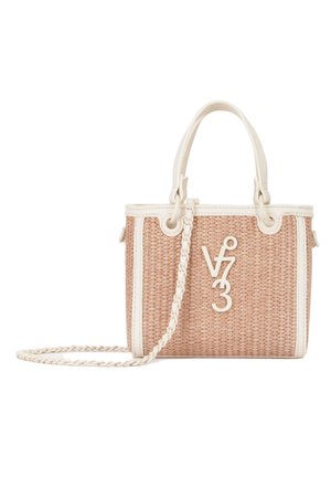 Piccola borsa rettangolare intrecciata in paglia con rifiniture in pelle bianca, doppie maniglie, tracolla intrecciata e emblema decorativo "vf 3" sul davanti.