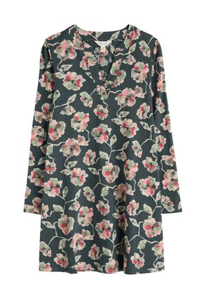 Rochie cu mâneci lungi, de culoare verde închis, cu un model floral în nuanțe de roz și verde deschis, guler în formă de V și croi lejer.