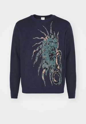 Navy knitted sweater featuring a green and pink abstract design on the front, round neckline, and long sleeves with textured fabric.