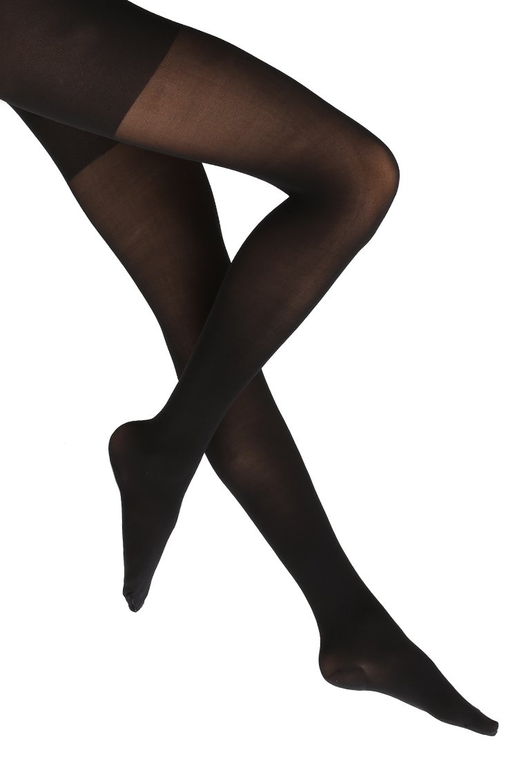 Schwarze, transparente Strumpfhosen mit einem opaken Bündchen oben, glatter Textur und tailliertem Design. Sie bedecken den Bereich vom Bund bis zu den Zehenspitzen.